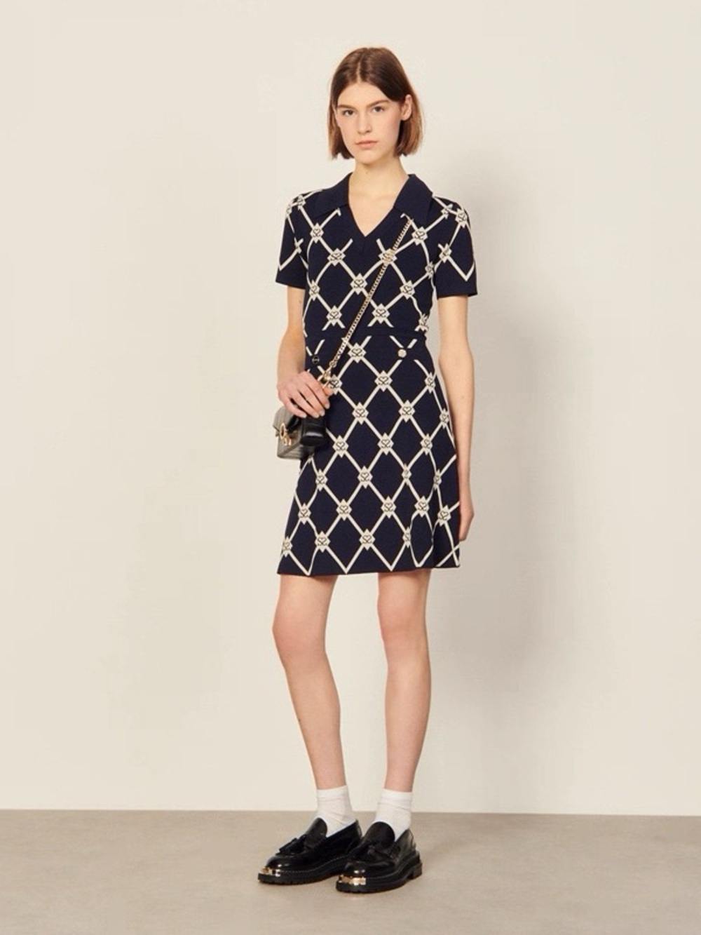 Sandro Navy Mini Polo Dress with Ivory Lattice - Picture 5 of 5